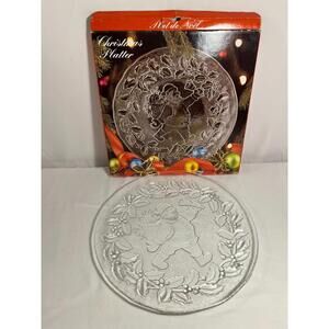 Vintage 12" Embossed Glass Christmas Platter – Santa & Holly Holiday Serving Tra